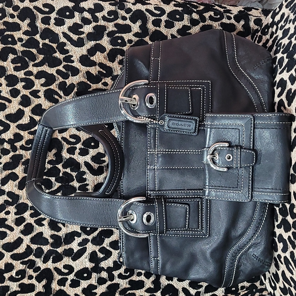 Black leather Coach bag with matching wallet